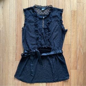 Witchy Black Sheer Floral Lace Sleeveless Top Size L Whimsigoth Ruffle Tie Waist